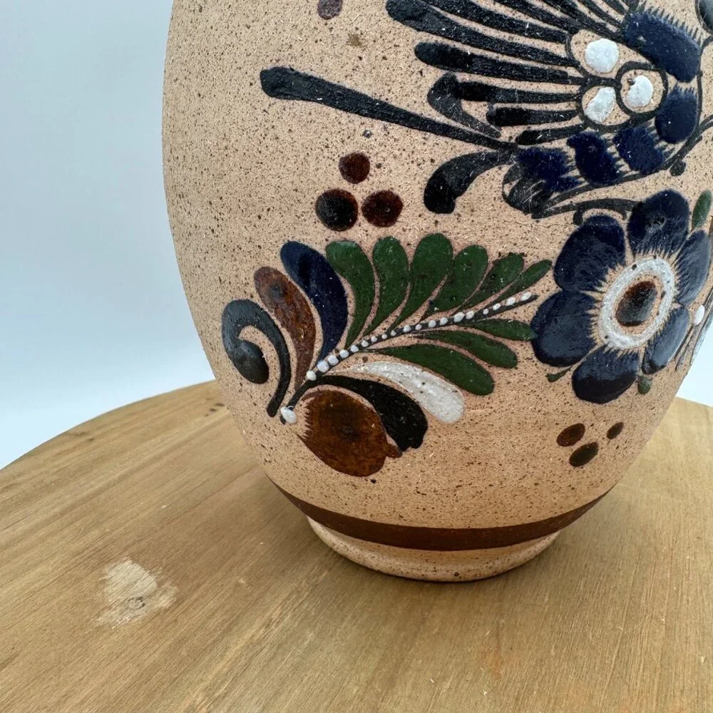 Vintage Tonala Bird Flower Vase Pottery Hand Painted Signed neutral color palett